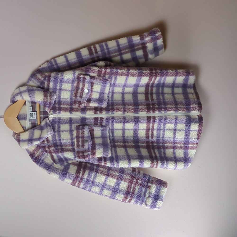 Deux Par Deux Girls Zip Front Sherpa Overshirt Plaid Purple & White Size 10